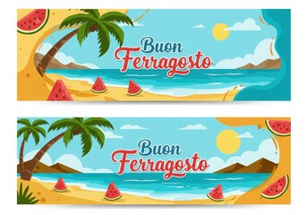Buon ferragosto italian summer holiday beach scene with palm trees and watermelon