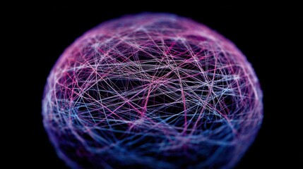 A vivid color photograph of an abstract sphere made up of many thin lines, set against a black background with blue and purple hues.