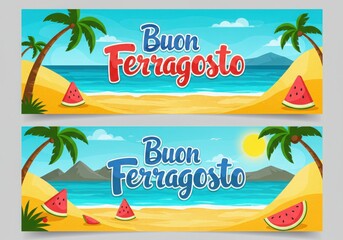 Buon ferragosto italian summer holiday beach scene with watermelon and palm trees