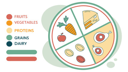 Visual representation of a balanced diet plate categorizing foods into fruits vegetables proteins grains and dairy for healthy eating guidance