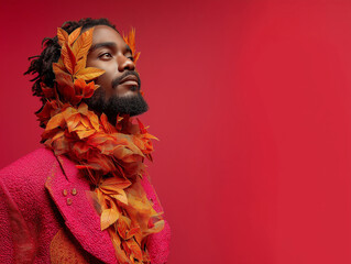 An autumn portrait of a handsome man in a coat, following his own unique style, with his face covered by yellow leaves; set against a dark pink background with dominant tones of deep pink and yellow