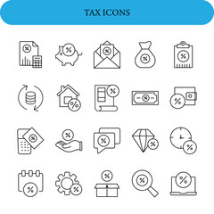 Tax Vector Icon Set .  piggy bank, envelope, money bag, clipboard, coin cycle, house, ledger, currency, wallet, calculator, hand, speech bubbles, diamond, clock, calendar, gear, box, magnifying glass,