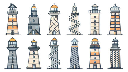 Obraz premium Collection of different lighthouse tower line icons separated from each other with spiral staircase silhouettes blank background