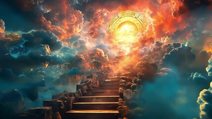 Mystical stairway to golden portal in luminous clouds leading to heavenly realm in fantasy skyscape. concept of dreamlike journey, ethereal gate, celestial path, mystical fantasy world - Powered by Adobe