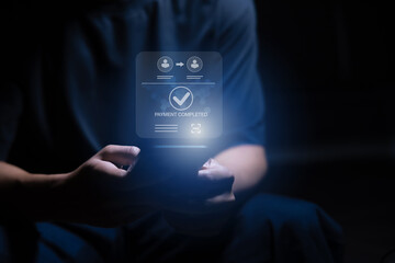 Digital banking network, internet payment, financial technology or FinTech concept. Businessman using smartphone with icons on virtual screen, online shopping and payment via mobile banking apps 