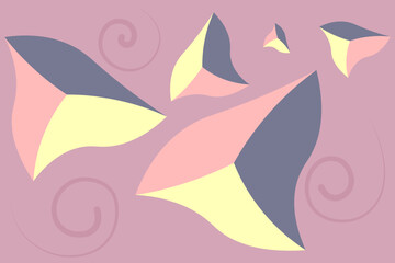 Triangle pyramids and spiral curls. Top view. Color vector illustration. Pink, purple and yellow geometric shapes with sharp peaks. Isolated pink background. Cartoon. Idea for web design.