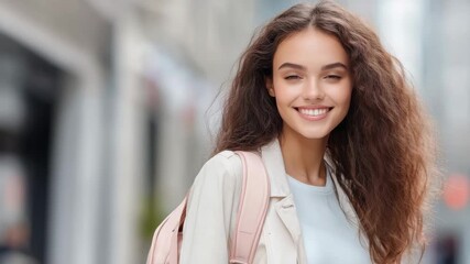 Joyful woman walking through bustling city street with vibrant smile and confidence