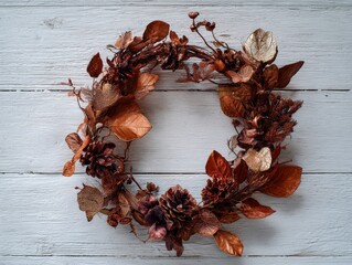 Autumnal Copper Wreath with Dried Leaves and Pine Cones on White Wooden Background