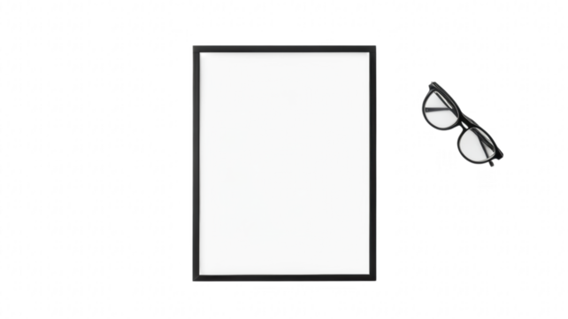 Blank picture frame and black glasses placed on a white background in a minimalistic style for creative use on transparent background