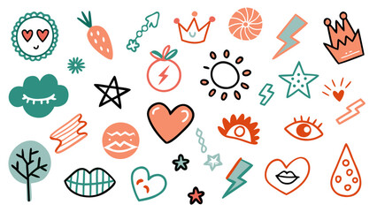Punk Rock Vector Doodle Crayon Shapes - Colorful Graffiti Doodle Girly Stickers Collection