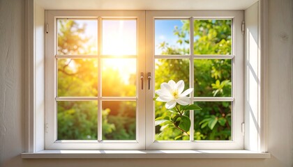 Sunlight streams through a white window, illuminating a garden scene with a magnolia flower