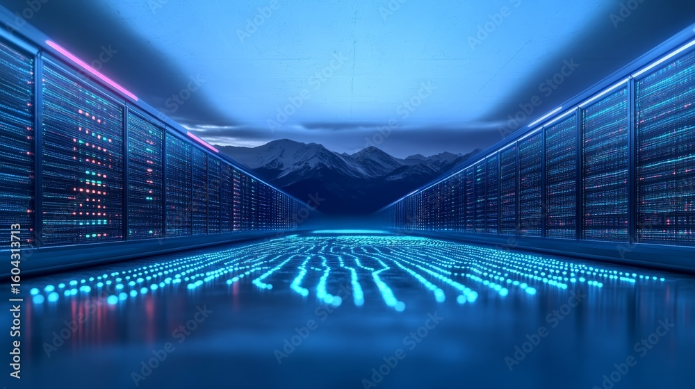 Poster servers hosting networked technology with mountain background in a global it data cloud setup