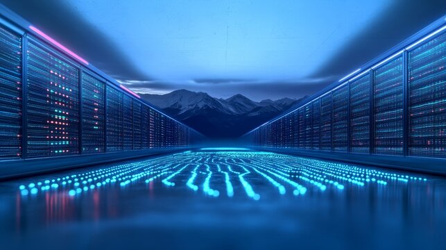Servers Hosting Networked Technology with Mountain Background in a Global IT Data Cloud Setup - Powered by Adobe