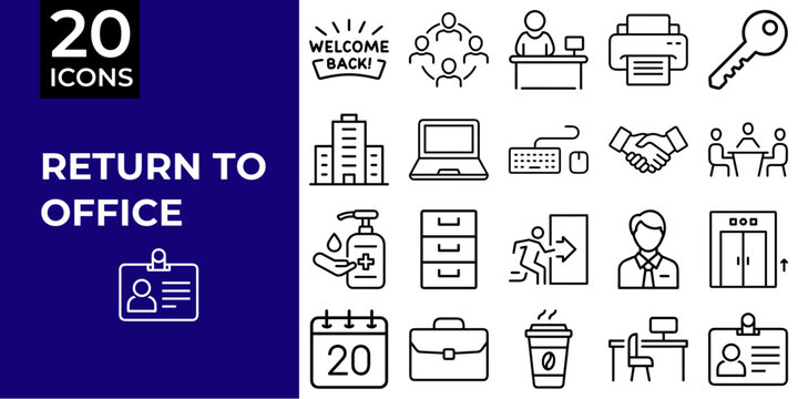 Icon set representing return to office with various workspace symbols  