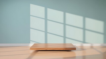 Fototapeta premium Minimalist Interior with Wooden Platform and Window Shadows Perfect for Product Display and Advertising Mockups Simple Aesthetic
