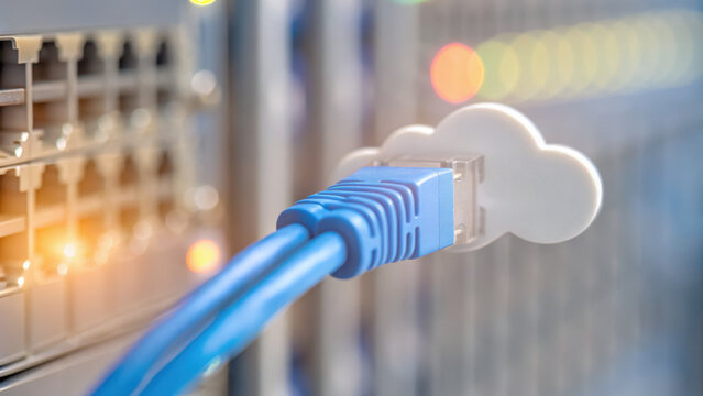 Cloud connect network cable plugged into server symbolizing memory storage and data transfer technology