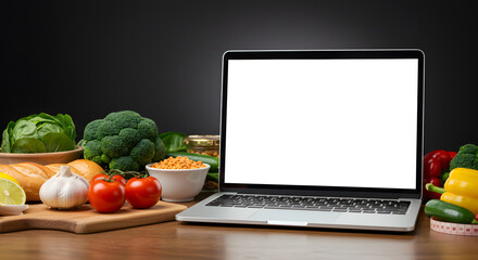Laptop computer with mockup white screen on vegetarian healthy food vegetable background. Online grocery shopping delivery app ads concept, cook book diet plan nutrition recipes, close up view.