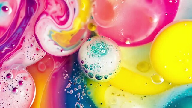 Colorful bath bombs in liquid swirl with vibrant bubbles and abstract paint texture. Concept of beauty spa products, relaxation, vivid art background, creative bath accessory design