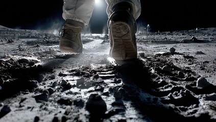 Astronaut's feet walking on the moon.  Dust and footprints are visible.  A spotlight highlights the path
