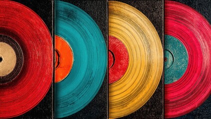 Colorful vintage vinyl records create a vibrant retro music background showcasing nostalgia and the timeless appeal of analog sound.