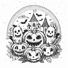 Halloween party with pumpkins, ghosts, and classic ornaments, engraving, and linocut style illustration