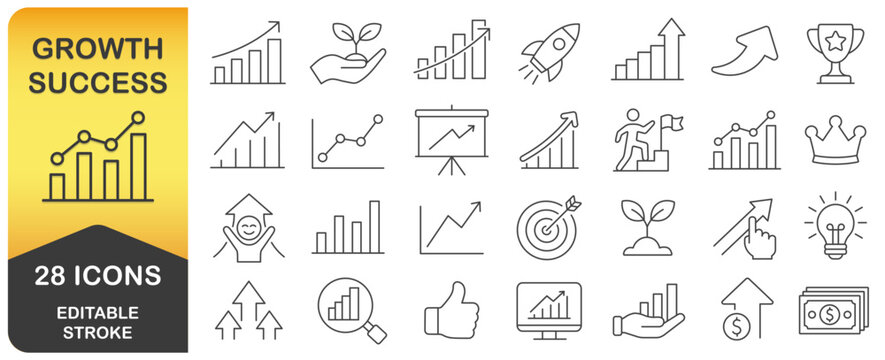 Growth and success editable stroke line vector web icon set. Business strategy success goals thin linear Icons collection. Growth curves and diagrams graph. Vector illustration isolated on white.