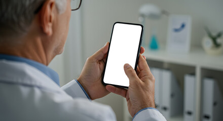 Male doctor holding cell phone in hands using blank white mockup screen technology ehealth mobile app for medical healthcare telemedicine ads, e telehealth online applications. Over shoulder view