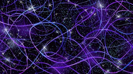 A close-up of an abstract digital pattern with neon purple and blue swirls on a black background, resembling glowing constellations in space