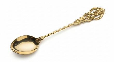 Ornate antique gold spoon with a twisted stem and decorative floral design, isolated on white.