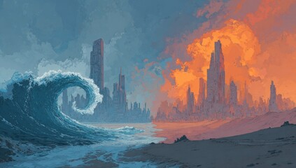 Two cities, one a thriving metropolis, the other ravaged by a colossal wave, juxtaposed on a sandy shore, under dramatic skies