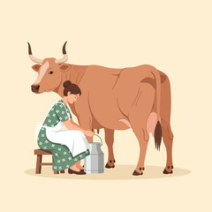 Woman Milking Brown Cow Seated on Stool, Vintage Style