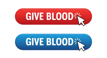 3D Style Vector Call-to-Action Buttons "GIVE BLOOD" with Cursor Click, Isolated on White