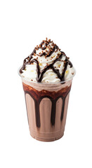 Chocolate Milkshake Frappe Iced Drink with Whipped Cream and Chocolate Drizzle isolated on White Background