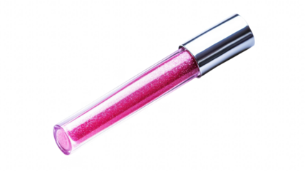 Pink lip gloss tube with sparkling finish displayed on a clean white background for beauty product showcase on transparent background