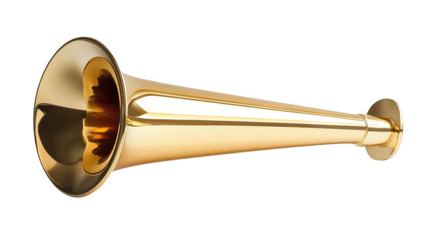 Golden trumpet shining under bright lights, showcasing intricate design and polished surface, captivating musicians and audiences alike on transparent background