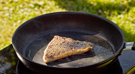 cook preparing fresh fish fillet on hot pan
