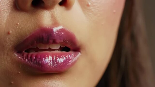 Close up of woman with milia and glossy purple lips