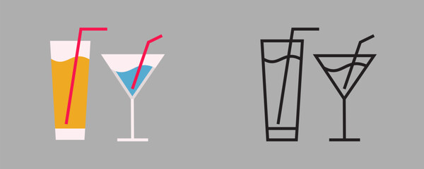 Drink Glass Icons: Cocktail and Juice with Straws