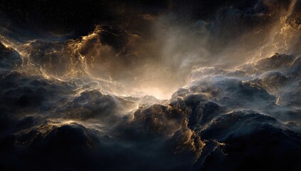 Naklejka premium Vast, swirling clouds of gold and dark hues in space, light breaking through