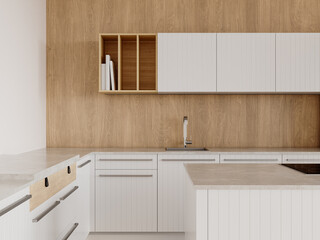 Minimal Kitchen Interior with Full Wood Wall Panel and White Cabinets – Scandinavian Design Aesthetic