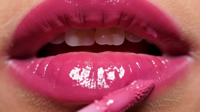 Applying pink lip gloss for a glossy and beautiful look here