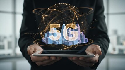 Person Holding Digital Tablet Displaying Holographic City with Golden Network in a Modern Office Building and Wearing Black Business Suit - Powered by Adobe