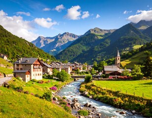 Fototapeta premium Picturesque alpine village nestled in a valley