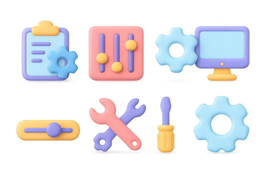 Colorful glowing interface icons for technology and tools