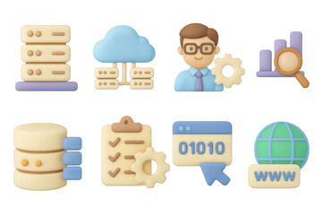 Technology icons set featuring cloud computing and data analysis in 3d cartoon style