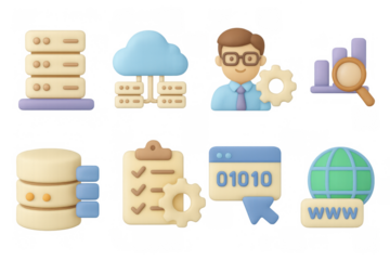 Technology icons set featuring cloud computing and data analysis in 3d cartoon style