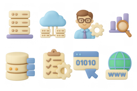 Technology icons set featuring cloud computing and data analysis in 3d cartoon style - Powered by Adobe