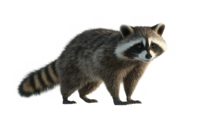 Cute raccoon standing on its hind legs in a playful pose, showcasing its distinctive markings in bright daylight on transparent background