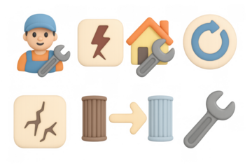 Repair and maintenance icons in 3d cartoon style with artisan features