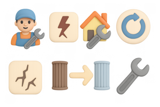 Repair and maintenance icons in 3d cartoon style with artisan features